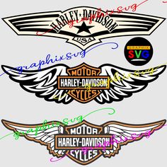 three different types of motorcycle logos on a gray background