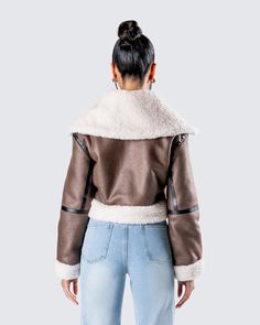 Who needs a boo to keep you warm when you have this brown bomber 🤎 Crafted from faux shearling and complete with a cropped fit - this jacket is will be your go-to for any and all adventures 😏 Trendy Cropped Leather Jacket For Winter, Casual Brown Leather Jacket With Faux Fur Lining, Brown Biker Jacket With Zipper For Cold Weather, Brown Sherpa Outerwear With Faux Fur Lining, Brown Sherpa Outerwear For Fall, Brown Sherpa Outerwear For Winter, Cropped Winter Outerwear With Zipper, Cropped Outerwear With Zipper Closure For Winter, Brown Sherpa Outerwear For Cold Weather