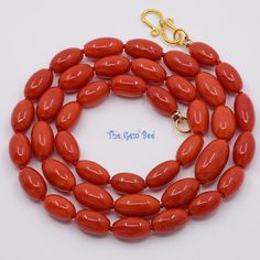 Thank you for coming in! Classic 18K solid gold necklace with Mediterranean Sardinia Coral bead in tomato red color and rare olive shape, no dye, 100% natural tomato red color. Strung with 18k solid gold diamond clasp, 130.95ct! Manufactured in Italy, AAA quality! You'll get the necklace you see! SIZE of coral: Appr. 6mmx9.8mm-8mmx13.5mm MATERIAL: 18k Solid gold, Natural precious coral, diamond Solid Gold Necklace, Natural Coral, Diamond Chain, Coral Beads, Sardinia, Solid Yellow, Red Color, Favorite Jewelry, Gold Diamond