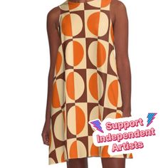 Loose-fit, mid-length sleeveless dress with silky handfeel. Printed on both sides. Machine washable. Size range XS-2XL. Retro Mod Half Square and Circle Pattern in Orange Brown and Beige Retro A-line Summer Dress, Retro A-line Sleeveless Dress, Modern A-line Midi Dress For Summer, Retro A-line Sleeveless Party Dress, Retro Sleeveless Dress With Graphic Print, Mod Style A-line Dress With Retro Print, Orange Retro Print Summer Dress, Retro Summer Dress With Graphic Print, Mod Style Sleeveless Orange Dress