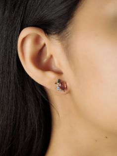 Get peachy with these glass and CZ peach studs! Gold plated brass, glass, CZ SKU: TE-3157 (G) Studs Gold, Spring Jewelry, Flower Stud, Flower Studs, Rock Crystal, Cz Stone, Candy Colors, Freshwater Pearls, Ear Cuff