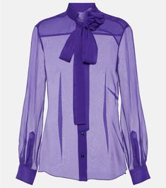 Find DOLCE & GABBANA Tie-neck Silk Chiffon Blouse on Editorialist. Material: 100% silk. Care instructions: dry clean. Made in Italy. Designer color name: Purple. Closure: button-down. Self-tie neck. Fitted Silk Chiffon Formal Top, Formal Fitted Silk Chiffon Top, Elegant Long Sleeve Georgette Blouse, Elegant Purple Georgette Blouse, Sheer Silk Office Blouse, Elegant Silk Chiffon Blouse For Work, Fitted Silk Chiffon Blouse For Formal Occasions, Spring Silk Chiffon Blouse For Work, Silk Sheer Blouse For Formal Occasions