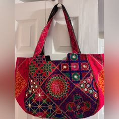 Beautiful Vibrant Multicolored Red Indie Tote Bag. Perfect Summer Bag For Beach/Park/Picnic. Has Zipper Closure. Red Satchel Beach Bag For Daily Use, Rectangular Hobo Bag For Everyday Use And Festivals, Vintage Red Bag With Removable Pouch, Red Handheld Bucket Bag For Daily Use, Red Square Bag With Removable Pouch, Red Satchel For Daily Summer Use, Red Square Bucket Bag For Daily Use, Multicolor Shoulder Bag For Festivals, Traditional Multicolor Bag With Removable Pouch