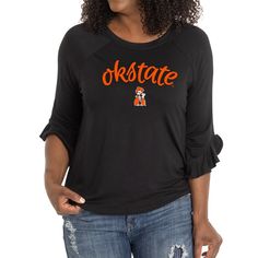 Finish any Oklahoma State Cowboys outfit with this Renatta Ruffle Sleeve Top. It features team graphics across the chest and ruffle sleeves for a stylish touch. Tailgating before the game or cheering in the stands, show school spirit with this Oklahoma State Cowboys top. Oklahoma State Cowboys, Ruffle Sleeve Top, Cowboy Outfits, Oklahoma State, Spandex Shorts, Ruffled Sleeve Top, Ruffle Sleeves, School Spirit, Free Shopping