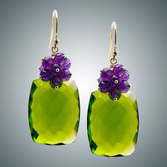 Amethyst Cluster and Peridot Quartz Earrings by Judy Bliss (Gold & Stone Earrings) | Artful Home Gold Stone Earrings, Unusual Earrings, Artful Home, Amethyst Cluster, Gold Stone, Quartz Earrings, Artistic Jewelry, Pretty Jewellery, Stone Earrings