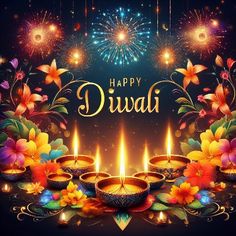 happy diwali greeting card with colorful flowers and candles in the dark night sky