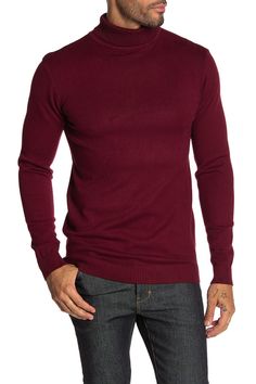 Pair this pullover sweater with any item in your closet for comfortable, semi-casual style.Fit: this style fits true to size.- Turtleneck- Long sleeves- Pullover style- Solid color- Knit construction- Ribbed trim throughout- Approx. 27" length (size M)- Imported. Model's stats for sizing:. Height: 6'2". Waist: 32". Suit: 40" Model is wearing size M. Dry clean only 54% viscose, 27% polyester, 19% nylon Red Stretch Crew Neck Sweatshirt, Solid Crew Neck Stretch Sweater, Burgundy Crew Neck Sweater For Fall, Solid Stretch Crew Neck Sweater, Burgundy Cotton Sweater For Fall, Knit Crew Tops For Fall, Fall Knit Crew Top, Casual Burgundy Crew Neck Sweater, Casual Burgundy Cotton Sweater