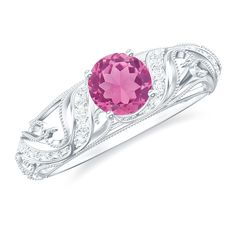 3/4 CT Vintage Style Pink Tourmaline Engagement Ring with Diamond Pink Tourmaline - ( AAA ) - Quality - Rosec Jewels Pink Tourmaline Rings As A Gift, Pink Tourmaline Rings As Gift, Luxury Pink Tourmaline Rings, Luxury Pink Tourmaline Jewelry, Pink Round Cut Tourmaline Jewelry, Pink Tourmaline Engagement Ring, Tourmaline Engagement Ring, Pink Tourmaline Ring, Vintage Engagement Ring