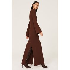 Brown rib knit (65% Rayon, 35% Nylon). Sweater sheath. Mock neck. Long sleeves. Pull-on. 54.5" from shoulder to hemline. Imported. Sweater Dress Brown, Line Dot, Ribbed Sweater Dress, Rent The Runway, Closet Designs, Ribbed Sweater, Mock Neck, Rib Knit, Duster Coat