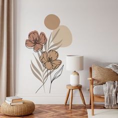 a living room scene with focus on the flower wall decal and wooden flooring