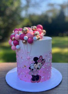 a minnie mouse birthday cake with pink and gold decorations on the top, sitting on a white plate