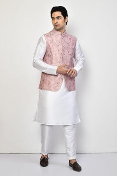 Pink silk bundi with all over monotone floret print and patch pockets. Paired with white full sleeves kurta and straight pant. - Aza Fashions Kurta Set For Men, Fashion App, Kurta Set, Full Sleeves, Pink Silk, Straight Pants, Aza Fashion, Full Sleeve, Silk Printing