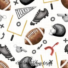 a sports themed wallpaper with footballs, helmets and other items on white paper