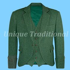 Scottish Crail Argyle Jacket Wool Waistcoat Green Tweed jacket Material: Wool Color: Green All Color Available Good Quality Deliver within 15 Days Tweed Outerwear With Lapel Collar And Buttons, Fitted Tweed Outerwear With Buttons, Winter Tweed Sport Coat With Long Sleeves, Long Sleeve Tweed Jacket With Pockets, Green Long Sleeve Tweed Jacket For Winter, Fitted Tweed Long Sleeve Outerwear, Fitted Green Tweed Jacket For Winter, Fitted Green Single-breasted Tweed Jacket, Winter Tweed Blazer With Pockets