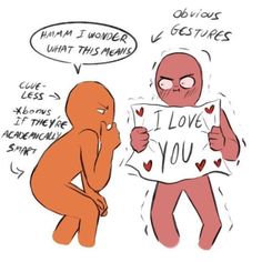 an orange man holding a sign with words written on it that say i love you