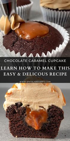 chocolate caramel cupcakes with icing and peanut butter