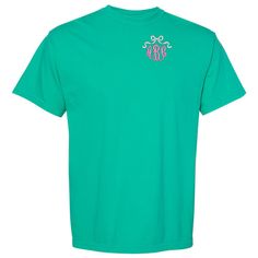 Add a perfect personal touch of embroidered girly glam to any look- “Put A Bow On It”🎀 Perfect for any occasion, this Monogrammed 'Bow' Comfort Colors T-Shirt is sure to turn heads and make a statement :) Green Crew Neck T-shirt With Custom Embroidery, Pink Monogrammed Crew Neck Top, Pink Monogram Crew Neck Top, Pink Crew Neck Top With Monogram, Green Short Sleeve T-shirt With Embroidered Text, Green Embroidered Text Short Sleeve T-shirt, Monogrammed Short Sleeve Cotton T-shirt, Cotton Monogram T-shirt For Spring, Spring Cotton Monogram T-shirt