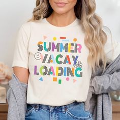 Celebrate summer getting closer with this End of Year Teacher Shirt! The perfect shirt to celebrate all your hard work and dedication throughout the school year! Find more Last Day of School Teacher shirts and gifts here: https://www.etsy.com/shop/JaxGraphicTees?ref=seller-platform-mcnav&search_query=last+day+of+school All of our adult t-shirts are Bella + Canvas 3001 Unisex shirts. They are a super soft fabric that will quickly become a go to in your wardrobe. Its lightweight and flexible mater Summer School Slogan Tops, Summer Slogan Tops For School, Summer School Tops With Slogan, Trendy School Shirt, Trendy Summer Shirt For School, Summer School Spirit Shirt With Graphic Print, Multicolor School Spirit T-shirt For Summer, School Spirit Graphic Print Summer Shirt, Funny Print T-shirt For School In Summer