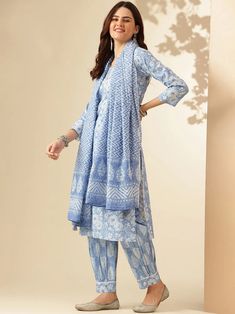 Grab this beautiful 3-piece set. The set comes with printed & embroidered kurta has v neck; 3/4th sleeves & calf length teamed with printed bottom and a chanderi cotton dupatta. Color - Light Blue Kurta Fabric-Viscose Pant Fabric-Viscose Dupatta Fabric - Chanderi Cotton Neck-V Neck Sleeves-3/4th Sleeves Work - Print & Embroidery Detailing Washing Instructions-Dry Clean Model Height - 5.5 wearing size small. DISCLAIMER - The color of the product may be differ due to screen settings of device. A misprint here and a color drop slip there is the beauty of printing which is not treated as a defect. Blue Kurta, Formal Jewelry, Print Embroidery, Embroidery Detailing, Cotton Dupatta, Churidar, Suit Set, Fabric Shop, Embroidery Details