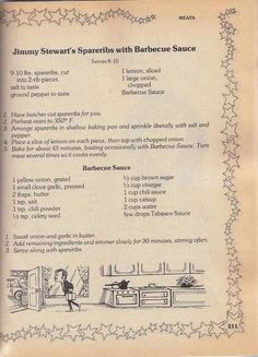 the recipe for jimmy stewart's spaghetti with barbecue sauce is shown in an old book