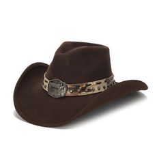 The ARIZONA Hat is designed to provide you with a classic cowboy look. Crafted from wool felt and genuine leather, it features a unique snakeskin pattern and mini studs. The longhorn and star buckle completes the classic aesthetic, with a 4 inch brim to protect you from the sun. No matter the occasion, the ARIZONA Hat from the Stampede Collection gives you a timeless style. Arizona Hat, Cowboy Buckle, Brown Cowboy Hat, Hare Rabbit, Mens Cowboy Hats, Wild Hare, Outback Hat, Mad Hatter Hats, Felt Cowboy Hats