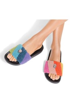 A signature eagle head twinkling with crystals and a colorblocked fleece upper bring bold rainbow pops to your ensemble in these elevated and playfully mismatched slide sandals. Textile upper/synthetic lining and sole Imported Trendy Multicolor Slides, Eagle Head, Kurt Geiger, Stripes Design, Slide Sandals, Women's Shoes Sandals, Open Toe, Womens Sandals, Shoes Sandals