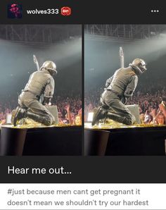 two pictures of a man on stage with people in the background