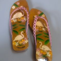 Wood Painting Sandals Made In Vietnam Never Worn Pink Slip-on Flip Flops For Beach, Pink Closed Toe Sandals For Beach Season, Pink Open Toe Flip Flops For Beach, Pink Slip-on Flip Flops For Beach Season, Pink Open Toe Flip Flops For Vacation, Pink Slip-on Flip Flops For Vacation, Pink Flat Summer Flip Flops, Pink Slip-on Sandals For Beach Season, Pink Tropical Sandals For Summer