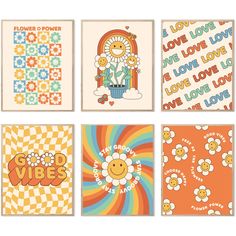 four colorful cards with flowers and hearts on them, each one has an image of a sunflower