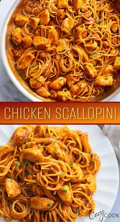 chicken scallopi in a skillet and on a plate with the words chicken scallopi above it