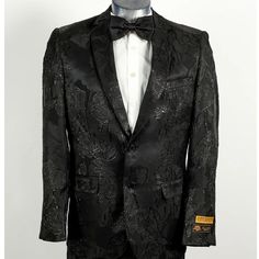 "This Tuxedo Features A Two Button Closure With A Shawl Lapel. It Comes In A Modern Fit With Side Vents And A Fancy Fabric. Includes Matching Flat Front Pants." Festive Black Business Blazer, Black Business Suits For Festive Occasions, Festive Black Business Suits, Paisley Tuxedo, Wedding Blazer, Tuxedo Colors, Wedding Blazers, Fancy Fabric, Dinner Jacket