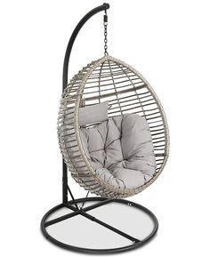 a hanging chair with grey cushions and black metal frame, on an isolated white background