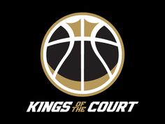 the kings of the court logo with basketball players in the foreground and an audience watching