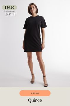 You found it, the perfect weekend dress. Warm-weather days call for our casual organic cotton T-shirt dress. It’s relaxed, it’s breathable, and always comfortable – with a crew neck, set-in sleeve, and chest pocket detail. An instant classic for any curated closet.  | Quince | Women's Relaxed T-Shirt Dress in Black, Size XS, Organic Cotton Ruched Waist Dress, Curated Closet, Silk Tee, Weekend Dresses, Silk Shirt Dress, Little Red Dress, Linen Shirt Dress, Comfy Dresses, Quince Dresses