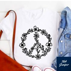 Bella + Canvas Graphic T-Shirt Floral Peace Sign Design White Unisex Shirt 100% Ringspun Cotton Soft & Comfortable You Pick Size *Shirt Only Accessories Not Included Peace Sign Design, Floral Peace Sign, Swiftly Tech Short Sleeve, Brown Crop Top, Santa Shirts, New You, Short Sleeved Sweaters, Fall Shirts, Peace Sign