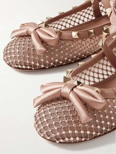 VALENTINO GARAVANI Rockstud leather and satin-trimmed crystal-embellished tulle ballet flats | NET-A-PORTER Valentino Ballet Flats, Valentino Flats, Satin Ballet Flats, Sparkly Flats, Pink Ballet Flats, Harry Styles Concert, Embellished Flats, Valentino Rockstud, Black Ballet Flats