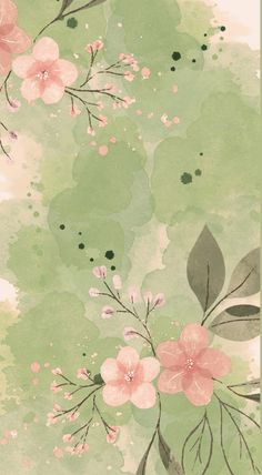 a painting of pink flowers and leaves on a green background with watercolng effect