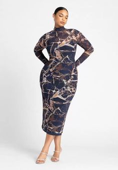 Mesh Midi Dress | Bodycon Fit Elegant Knitted, Mineral Print | Eloquii Minerals Print, Mesh Midi Dress, Woman Within, Dress Bodycon, Swimsuits For All, Midi Dress Bodycon, Midi Length, Mock Neck, Midi Dress