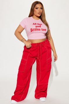 Available In Black And Red. Wide Leg Pant High Rise Elastic Waist Tie Waist Contrast Stitching Wide Leg Non Stretch 33" Inseam 100% Polyester Imported | Keep Me Entertained Wide Leg Cargo Pant in Red size Small by Fashion Nova Red High-waisted Relaxed Fit Bottoms, Red Cargo Bottoms For Spring, Fitted Red Cargo Pants - Casual, Fitted Red Casual Cargo Pants, Trendy Red Bottoms With Elastic Waistband, Trendy Red Cargo Pants For Summer, Red Wide Leg Parachute Pants For Spring, Red Wide-leg Parachute Pants For Spring, Sleep Clothes