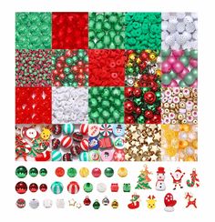 many different types of beads and christmas decorations