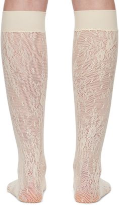 Knee-high stretch ECONYL® recycled nylon lace socks in off-white. Floral pattern throughout. Supplier color: Ivory White Tall Socks, Swedish Stockings, Big Wolf, Tall Socks, Lace Socks, Knee High Socks, Red Riding Hood, Color Ivory, High Socks