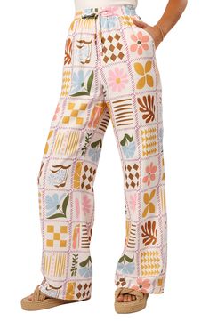 Colorful floral and geometric patterns interplay on these light and airy pants that deliver summery retro style. Elastic/drawstring waist Front slant pockets; back welt pockets Lined 100% polyester Hand wash, line dry Imported Jumpsuit Ideas, Patch Stitch, Print Wide Leg Pants, Teacher Clothes, Playful Style, Essential Dress, Printed Wide Leg Pants, High Waist Fashion, Colored Pants