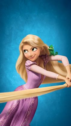 rappui from tangled in love with her long blonde hair and green frog on her shoulder