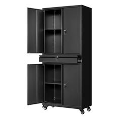 two black metal storage cabinets on wheels with doors open and one door closed to the side