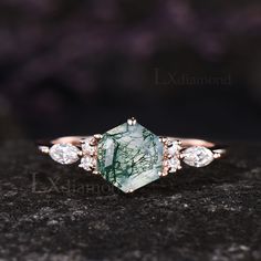 Unique Hexagon Cut Green Moss Agate Engagement Ring Set Vintage 14k Rose Gold Sterling Silver Moissanite Ring Art Deco 2pcs Bridal Ring Set - Etsy Moss Agate Engagement Ring, Agate Engagement Ring, Green Moss Agate, Ring Art Deco, Engagement Ring Set, Bridal Ring Set, Bridal Ring, Moissanite Ring, Moissanite Rings