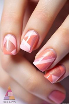 Elevate your summer style with these beautiful pink and coral geometric nails. Perfect for any summer occasion, these nails offer a sophisticated yet fun look. Explore more pink summer nail designs at nailhow.com. Geometric Nails