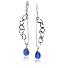 Gold, Silver & Stone Earrings - These bridged waterfall earrings are crafted from hand-forged and fused Argentium, intended to evoke the essence of a refreshing rainfall. Accented with 18k gold and a blue kyanite drop with sterling silver lever backs. Waterfall Earrings, Rain Chain, Artful Home, Blue Kyanite, Chain Earrings, Hand Forged, Stone Earrings, Silver Gold, Original Art