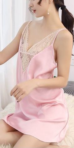 $24.90 - Sexy Light Pink Lace Short Nightgown Mini Length in satin silk. This luxury nightwear nightie will make your irresistible. Romantic seductive aesthetic nightdress for elegant ladies and luxurious women.  Follow us for more sleepwear ideas. Elegant V-neck Dress For Pajama Party, Feminine Sleeveless Night Chemise, Feminine Sleeveless Chemise For Wedding Night, Feminine Sleeveless Sleepwear For Wedding Night, Pink Spaghetti Strap Chemise For Wedding Night, Pink Sleeveless Camisole For Night, Pink V-neck Sleepwear For Wedding Night, Lace Sleeveless Sleepwear For Pajama Party, Pink Sleeveless Chemise For Wedding Night