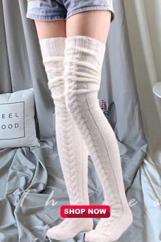 These thigh-long cable-knit leg stockings are the perfect addition to any woman's winter wardrobe. Designed to keep you warm and stylish, these over-the-knee boot socks are both cozy and chic, making them a must-have for cold weather fashion. Cozy Knitted Winter Stockings, Cozy Thigh High Winter Stockings, Cozy Knee-high Winter Stockings, Fitted Knitted Thigh-high Stockings, Fitted Thigh-high Knitted Stockings, Knitted Thigh High Stockings, White Over-the-knee Knee-high Socks For Winter, Cozy Thigh High Knitted Socks, Cozy Winter Thigh-high Legwear