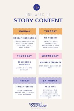 the one week of story content calendar is shown in purple, yellow and orange colors